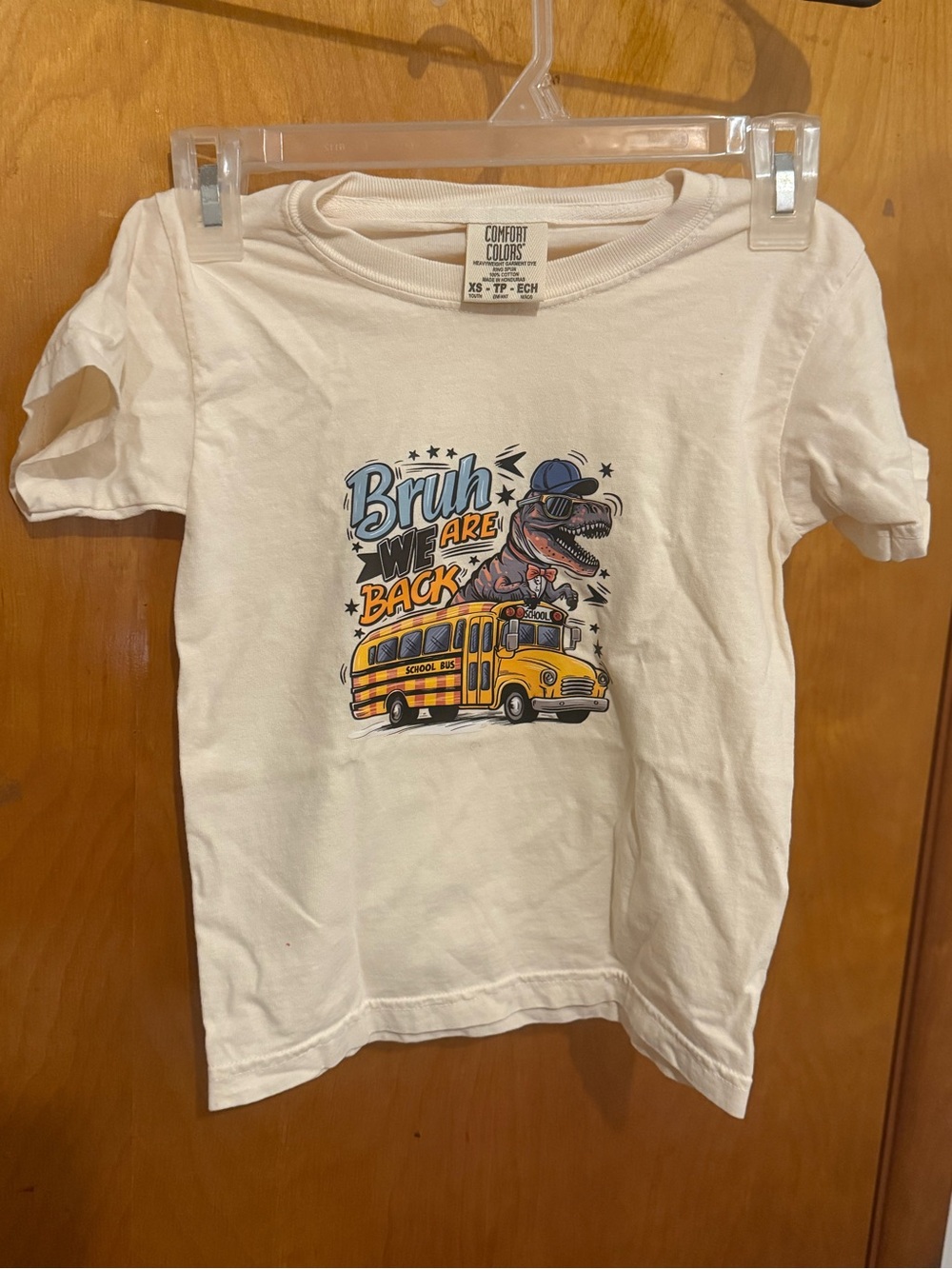Comfort Colors Beige/Cream Kids 'Bruh We Are Back' Graphic Tee with Yellow Bus